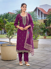 Women's Viscose Chanderi Embroidered Straight Kurta Pant With Dupatta-ME133-TAMCDNGPRPL